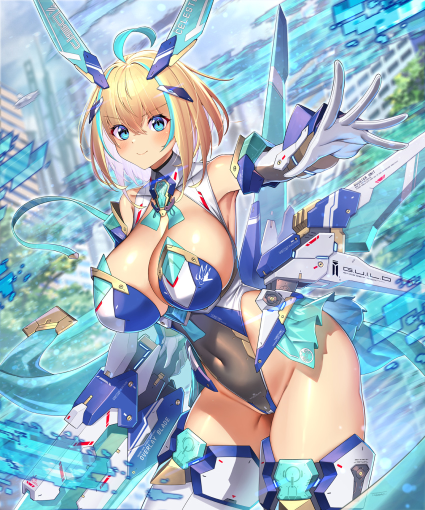 1girl animal_ears aqua_hair blonde_hair blue_eyes breasts cleavage closed_mouth commentary_request covered_navel fake_animal_ears gloves highres large_breasts looking_at_viewer mecha_musume multicolored_hair original playboy_bunny rabbit_ears smile solo sophia_f_shirring takamine_nadare thighs two-tone_hair white_gloves