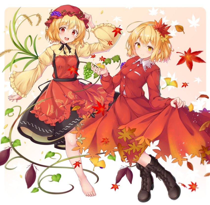 2girls ahoge aka_tawashi aki_minoriko aki_shizuha apron autumn autumn_leaves barefoot black_choker black_ribbon black_skirt blonde_hair blush breasts brown_footwear choker clothes_lift collared_shirt cross-laced_footwear falling_leaves food food-themed_hair_ornament frilled_apron frilled_sleeves frills fruit ginkgo_leaf grape_hair_ornament grapes hair_ornament hand_on_headwear hat highres holding holding_clothes holding_hat holding_leaf holding_skirt jacket leaf leaf_hair_ornament leaf_print looking_at_viewer maple_leaf maple_leaf_print medium_breasts mob_cap multiple_girls puffy_sleeves red_apron red_eyes red_jacket red_skirt ribbon shirt short_hair siblings sisters skirt skirt_lift suspender_skirt suspenders sweet_potato touhou wheat wheat_print white_shirt yellow_eyes yellow_shirt