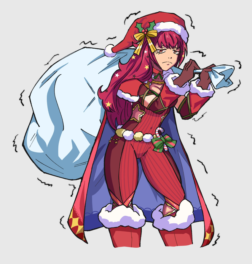 1girl blue_cape bodysuit candy candy_cane cape chriiis christmas facial_mark fire_emblem fire_emblem_engage fire_emblem_heroes food hair_ornament hat highres holding holding_sack multicolored_cape multicolored_clothes official_alternate_costume red_bodysuit red_cape sack santa_hat solo star_(symbol) star_facial_mark star_hair_ornament star_print two-tone_cape yunaka_(fire_emblem) yunaka_(fire_emblem)_(spirited_envoy)