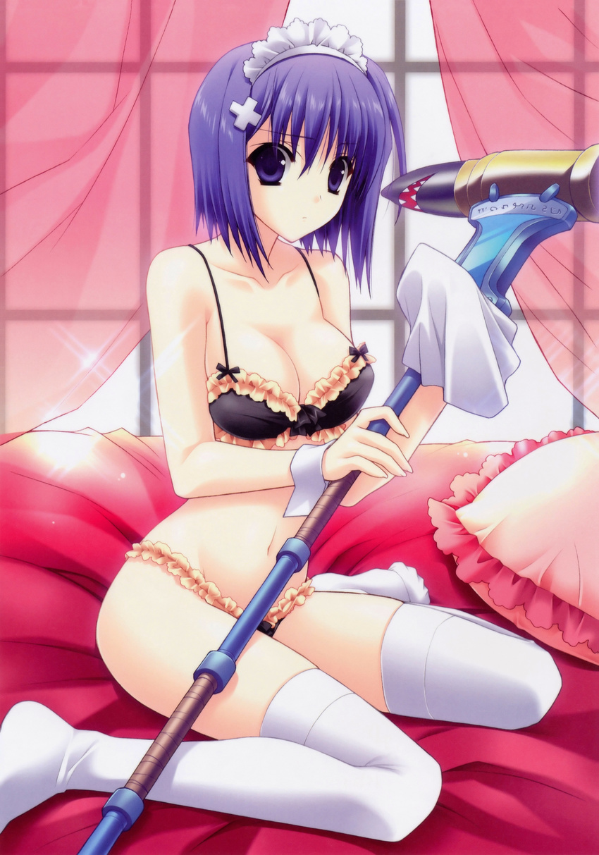 absurdres bed_sheet black_bra black_panties blanket blue_eyes blue_hair bra breasts cleavage collarbone curtains frilled_bra frilled_panties frilled_pillow frills hammer highres holding huge_filesize kouno_itsuki lingerie looking_at_viewer maid_headdress medium_breasts navel panties phantom_breaker pillow polearm rod scan sitting sparkle staff stomach suzuhira_hiro thighhighs torpedo underwear underwear_only wariza weapon white_legwear window wrist_cuffs yokozuwari