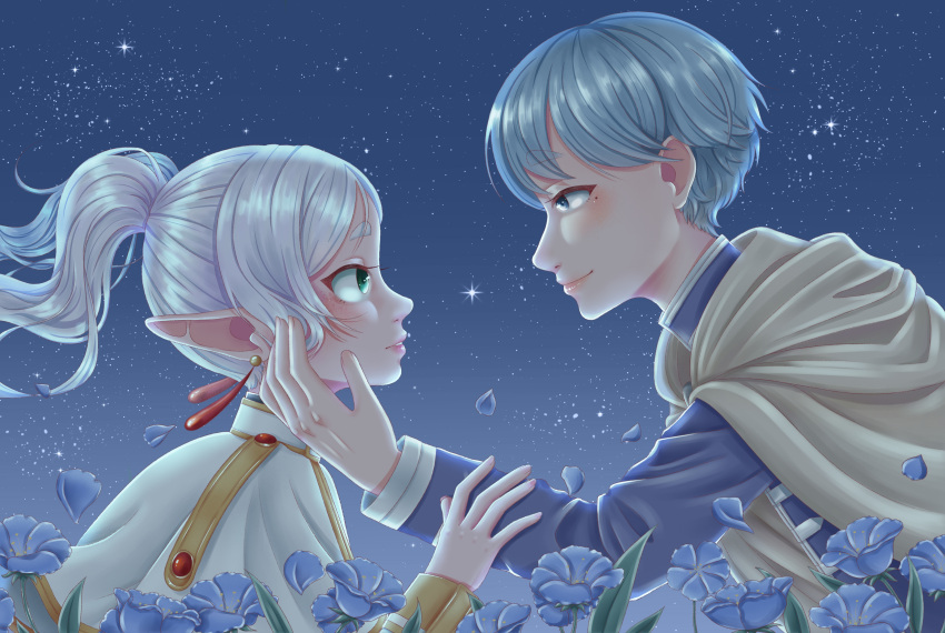 1boy 1girl absurdres blue_eyes blue_flower blue_hair blue_tunic blush capelet cloak coat couple earrings elf eye_contact facing_another flower frieren green_eyes grey_hair hand_on_another's_arm hand_on_another's_cheek hand_on_another's_face hetero highres himmel_(sousou_no_frieren) jewelry long_hair long_sleeves looking_at_another mole mole_under_eye night night_sky outdoors parted_bangs pointy_ears profile short_hair sky smile sousou_no_frieren star_(sky) starry_sky twintails white_capelet white_cloak white_coat