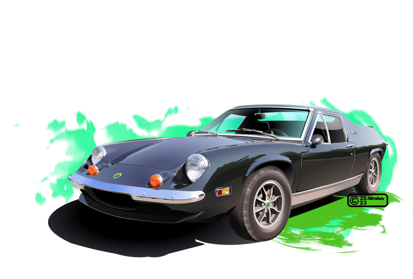 artist_name black_car car copyright_notice highres lotus_(brand) lotus_europa motor_vehicle nimbus_goldbrum no_humans original vehicle_focus