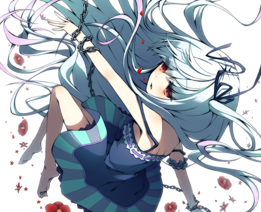 arm_garter bad_id bad_pixiv_id barefoot camellia chain chained dress feet flower gradient_hair hair_ribbon long_hair multicolored_hair original outstretched_arm pink_hair red_eyes ribbon solo strap_slip tepes two_side_up very_long_hair white_hair