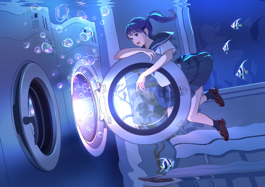 1girl absurdres air_bubble black_hair blue_eyes blue_sailor_collar blue_skirt brown_footwear bubble fish highres laundromat loafers nap_on_a_cloud original ponytail sailor_collar school_uniform serafuku shoes skirt solo submerged tropical_fish underwater washing_machine water