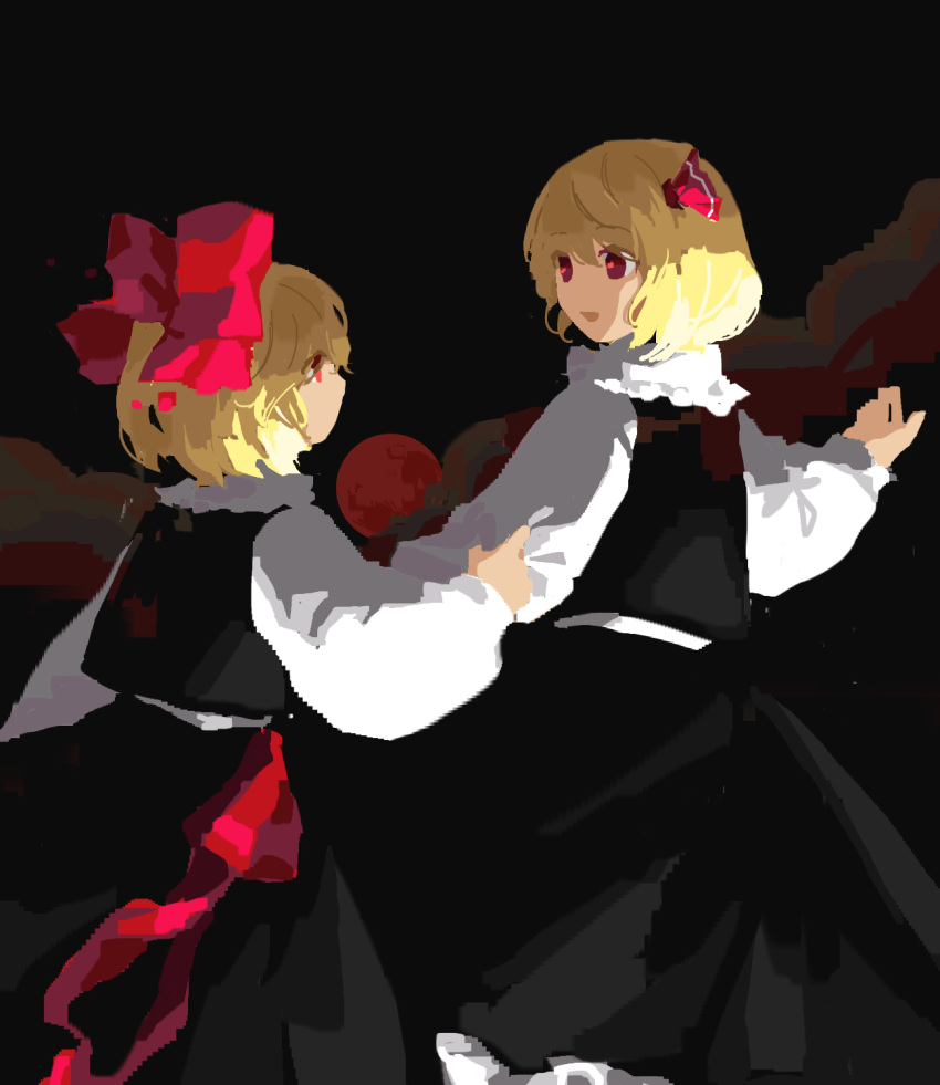 2girls black_skirt black_vest blonde_hair clothes_grab commentary_request dual_persona hair_ribbon highres kaigen_1025 long_sleeves moon multiple_girls night open_mouth red_eyes red_moon red_ribbon ribbon rumia shirt short_hair skirt sleeve_grab smile touhou vest white_shirt