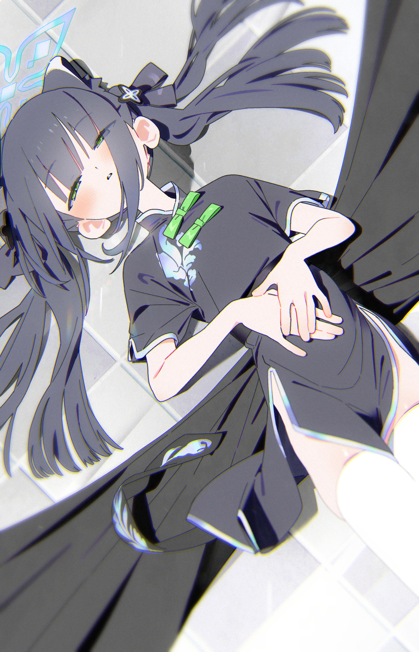 1girl absurdres animal_ears black_dress black_hair blue_archive bm_tol china_dress chinese_clothes dress half-closed_eyes halo highres looking_at_viewer lying on_back own_hands_together pelvic_curtain raccoon_ears short_sleeves shun_(blue_archive) shun_(small)_(blue_archive) solo thighhighs twintails white_thighhighs