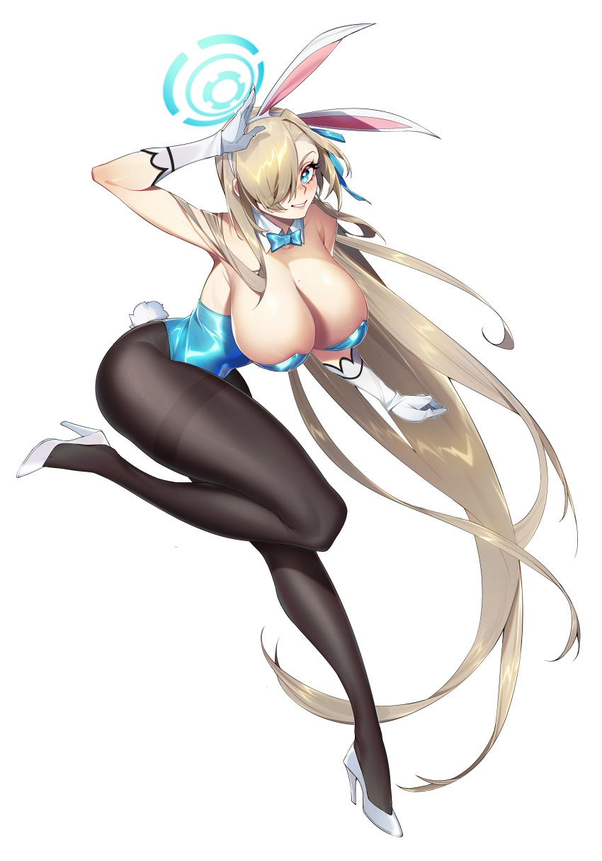 1girl absurdly_long_hair absurdres animal_ears arm_up asuna_(blue_archive) asuna_(bunny)_(blue_archive) asymmetrical_bangs bare_shoulders black_pantyhose blonde_hair blue_archive blue_bow blue_bowtie blue_eyes blue_halo blue_leotard blue_ribbon blush bow bowtie breasts cleavage covered_navel detached_collar elbow_gloves fake_animal_ears fake_tail gloves grin hair_over_one_eye hair_ribbon halo high_heels highleg highleg_leotard highres jumping large_breasts leaning_forward leotard light_brown_hair long_hair looking_at_viewer mole mole_on_breast pantyhose playboy_bunny rabbit_ears rabbit_tail ribbon simple_background smile solo standing standing_on_one_leg strapless strapless_leotard tail thick_thighs thighband_pantyhose thighs traditional_bowtie upturned_eyes very_long_hair white_background white_footwear white_gloves yeyoutiangong