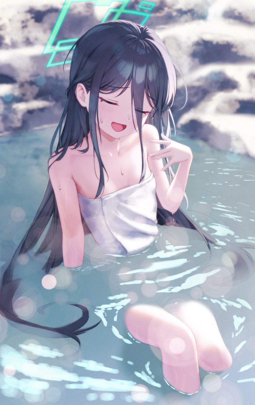 1girl absurdly_long_hair absurdres aqua_halo aris_(blue_archive) black_hair blue_archive blush breasts closed_eyes collarbone commentary_request halo highres long_hair naked_towel onsen open_mouth partially_submerged revision small_breasts smile solo supersugar towel very_long_hair water white_towel