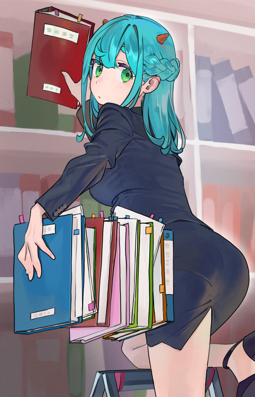 1girl aqua_hair ass bare_legs black_dress black_footwear blush bookshelf braid breasts commentary_request demon_horns dress file green_eyes highres horns indoors ladder looking_at_viewer looking_back medium_breasts nahia_(some1else45) on_one_knee original solo some1else45