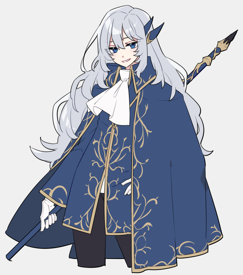 1boy argalia_(project_moon) ascot black_pants blue_cape blue_eyes blue_jacket cape earrings gloves gold_trim hair_between_eyes hand_on_own_hip highres holding holding_scythe jacket jewelry library_of_ruina long_hair pants project_moon scythe shiki_(shikki46) sidelocks simple_background single_earring solo white_ascot white_background white_gloves