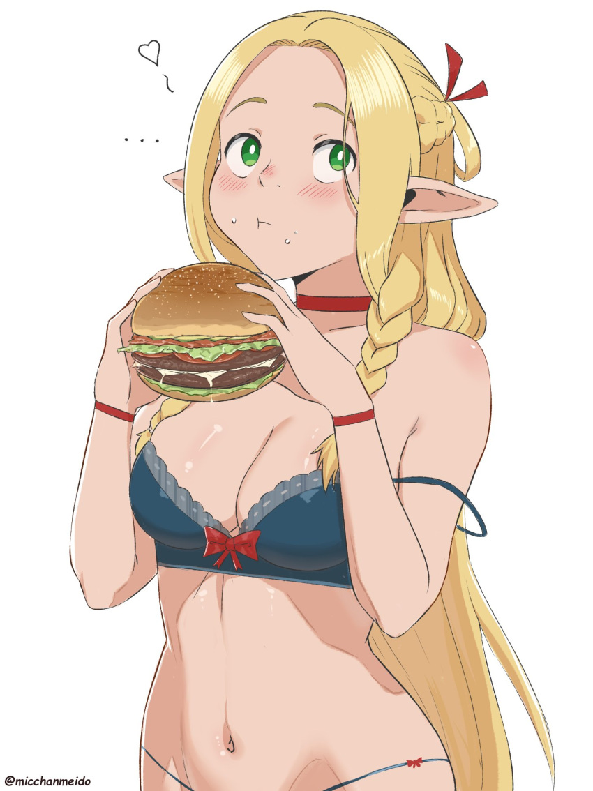 ... 1girl blonde_hair blue_bra blue_panties blush bra braid breasts bright_pupils burger choker closed_mouth commentary dungeon_meshi elf food food_on_face green_eyes hair_ribbon heart highres holding holding_food lettuce long_hair looking_to_the_side looking_up low_twin_braids marcille_donato micchan_(micchanmeido) navel panties pointy_ears red_choker red_ribbon ribbon simple_background strap_slip tomato tomato_slice twin_braids twitter_username underwear underwear_only upper_body very_long_hair white_pupils