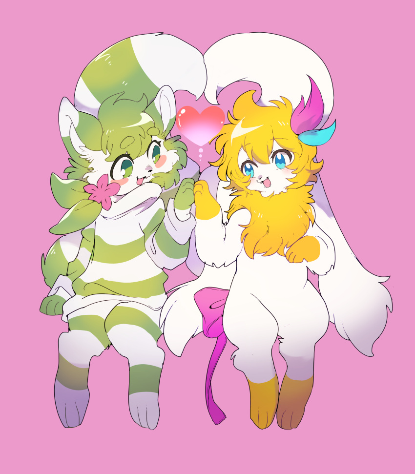 &lt;3 2024 3_fingers 3_toes absurd_res anthro ashley_(shaymin) black_nose blonde_hair blush bow_ribbon cheek_tuft clothed clothing cute_fangs duo facial_tuft fakemon feet female fingers flower fur furret generation_2_pokemon generation_4_pokemon green_eyes green_hair green_stripes hair hi_res inner_ear_fluff koromomamire legendary_pokemon long_ears looking_at_another male neck_tuft niima_(shaymin) nintendo open_mouth paws pink_background plant pokemon pokemon_(species) shaymin simple_background sitting sky_forme_shaymin stripes teeth toes tongue touching_hand tuft white_body white_fur yellow_body yellow_fur