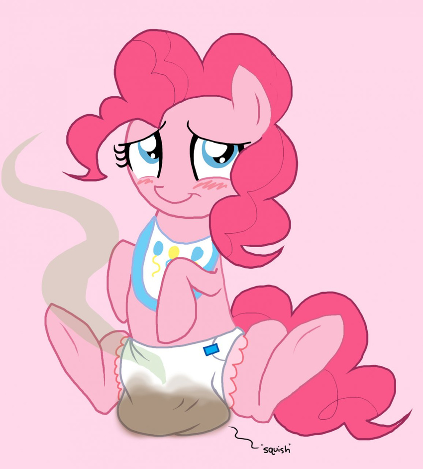 bib blue_eyes blush diaper english_text equine f&#230;ces f&aelig;ces feces female feral friendship_is_magic fur hair horse johnwills86 mammal my_little_pony pink_background pink_fur pink_hair pinkie_pie_(mlp) plain_background pony pooping scat solo text