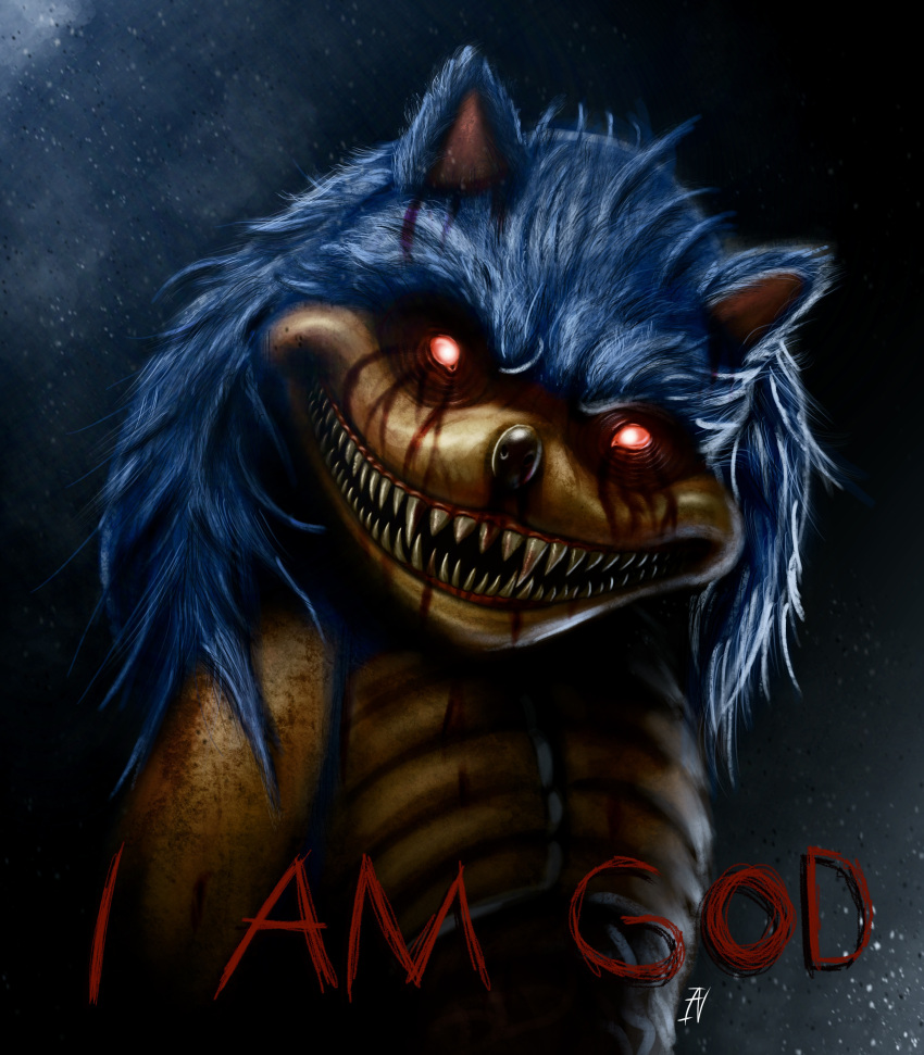 absurd_res anthro blood blue_body blue_fur bodily_fluids creepy creepypasta demonic dialogue emaciated english_text eulipotyphlan evil_grin fur glowing glowing_eyes hedgehog hi_res horror_(theme) ian-exe looking_at_viewer male mammal nightmare_fuel red_eyes sega sharp_teeth smile solo sonic.exe sonic.exe_(creepypasta) sonic_the_hedgehog_(series) teeth text where_is_your_god_now