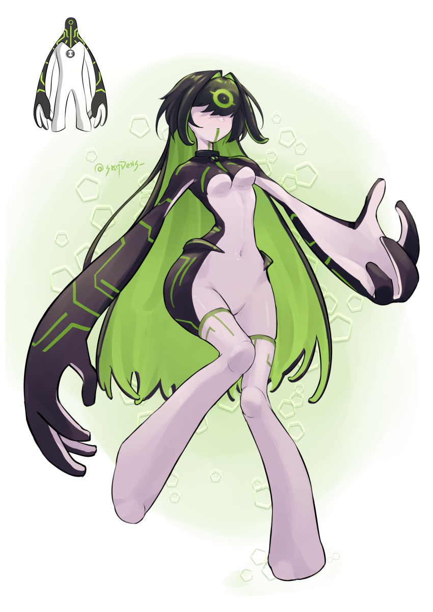 1girl absurdres alien ben_10 black_hair covered_eyes genderswap genderswap_(mtf) hair_over_eyes highres humanization large_hands long_bangs long_hair multicolored_hair saydens solo upgrade_(ben_10)