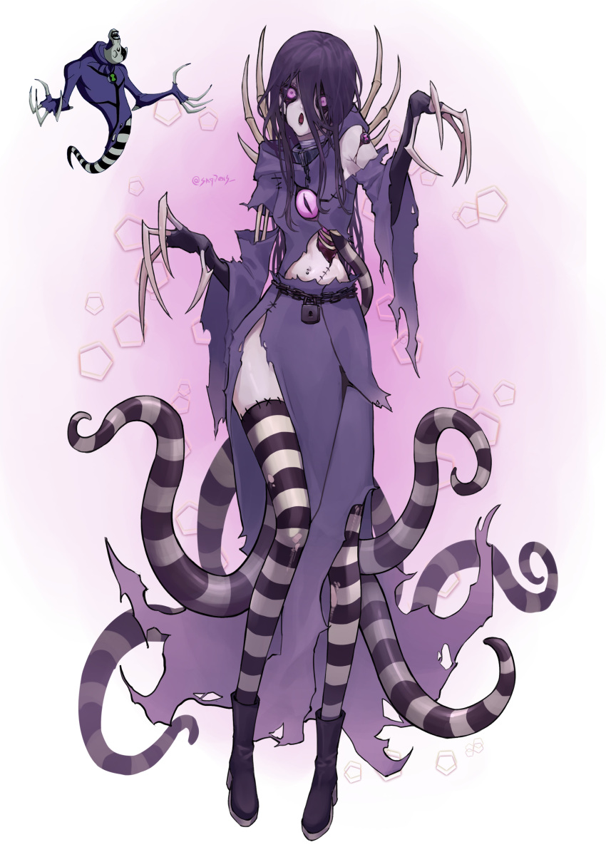 1girl absurdres ben_10 black_hair black_sclera colored_sclera colored_skin genderswap ghostfreak grey_skin highres saydens striped_clothes striped_thighhighs tentacles thighhighs