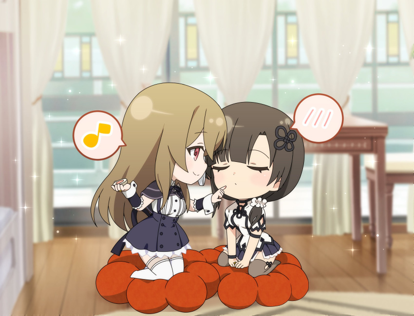 2girls applying_makeup arm_cutout arm_strap assault_lily black_capelet black_choker black_hair black_skirt blunt_bangs blurry blurry_background blush brown_hair brown_thighhighs capelet chair chibi choker closed_mouth clothing_cutout collared_shirt commentary_request cosmetics cushion day detached_sleeves eighth_note face-to-face facing_another flower_knot frilled_skirt frilled_sleeves frills hair_between_eyes hair_ornament hair_scrunchie hands_up high-waist_skirt highres holding indoors jewelry kneeling kuo_shenlin long_hair looking_at_another low_ponytail miniskirt multiple_girls musical_note no_shoes official_art pink_eyes pleated_skirt revision ring school_uniform scrunchie shirt short_sleeves side_ponytail side_slit sidelocks skirt smile sparkle spoken_blush spoken_musical_note suspender_skirt suspenders table tassel tassel_hair_ornament thighhighs v_arms wang_yujia white_scrunchie white_shirt white_thighhighs window wooden_floor wristband yurigaoka_girls_academy_school_uniform
