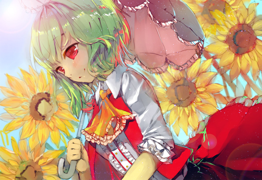 acidear ascot bad_id bad_pixiv_id blue_sky flower green_hair kazami_yuuka open_clothes open_vest parasol red_eyes shirt short_sleeves skirt skirt_set sky smile solo sun sunflower touhou umbrella vest