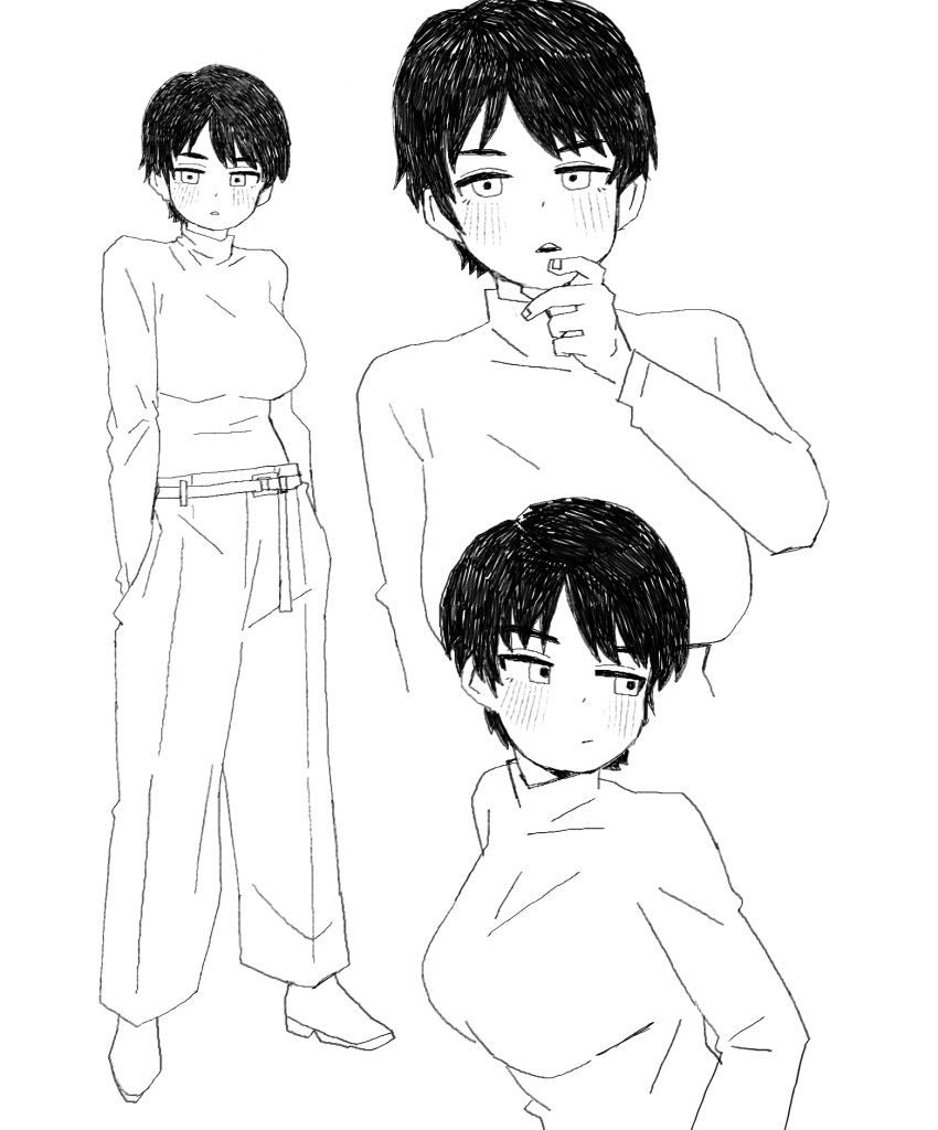 1girl breasts dot_nose full_body hand_to_own_mouth hands_in_pockets highres kms2605 looking_at_viewer looking_to_the_side monochrome multiple_views original pants parted_lips short_hair simple_background sketch standing sweater tomboy turtleneck turtleneck_sweater upper_body