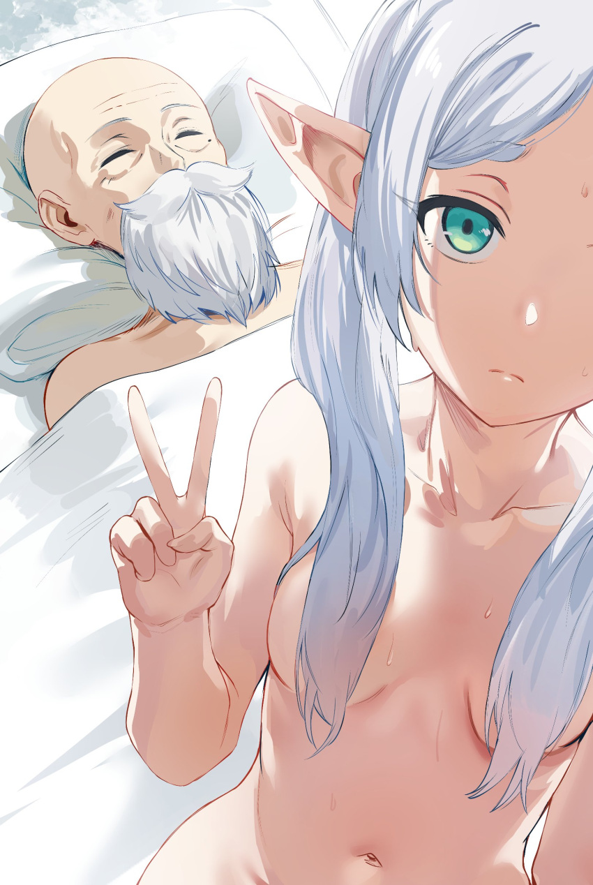 1boy 1girl absurdres after_sex blush character_request elf frieren green_eyes guy_tired_after_sex_(meme) hews highres long_hair meme pointy_ears selfie sousou_no_frieren sweatdrop v white_hair