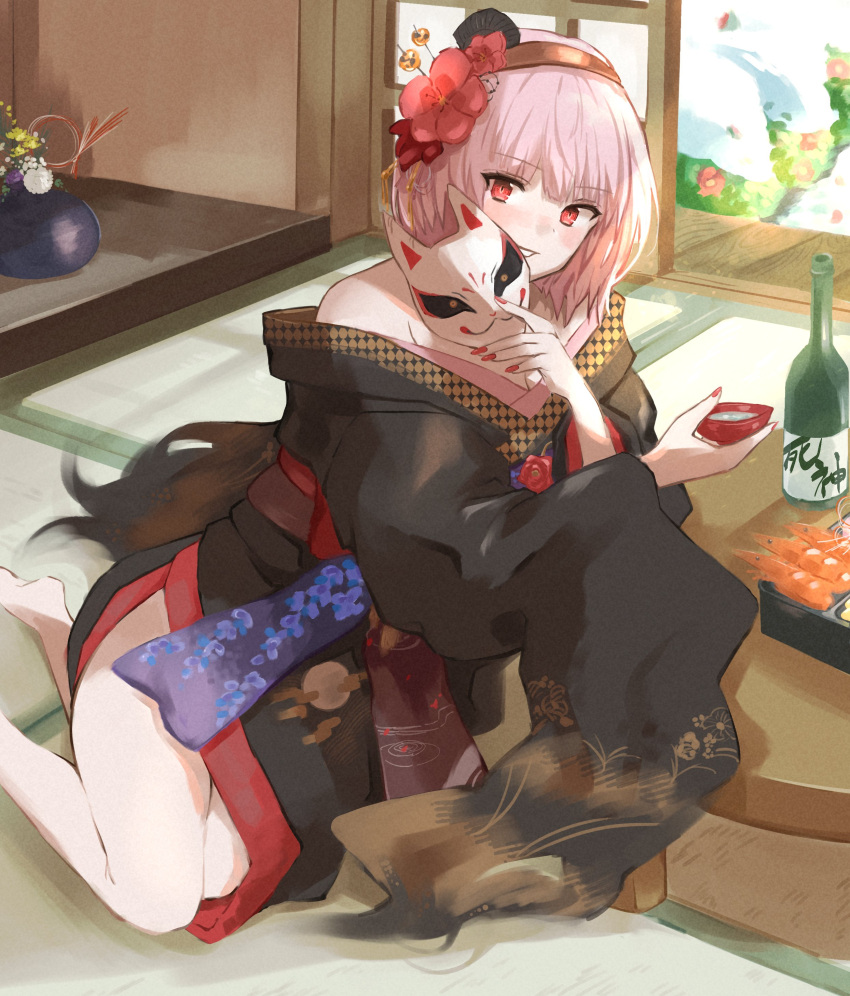 1girl absurdres barefoot black_kimono breasts choko_(cup) cup flower fox_mask hair_flower hair_ornament hatake_oekaki highres holding holding_cup holding_mask hololive hololive_english japanese_clothes kimono large_breasts looking_at_viewer mask mori_calliope mori_calliope_(new_year) nail_polish pink_hair red_eyes red_nails short_hair smile solo virtual_youtuber