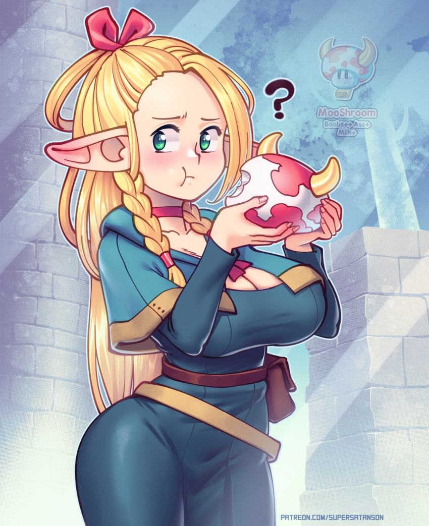 5_fingers blonde_hair braided_hair breasts clothed clothing delicious_in_dungeon eating elf english_text female fingers fungus hair hi_res holding_object humanoid humanoid_pointy_ears marcille_donato mushroom not_furry question_mark solo supersatanson text