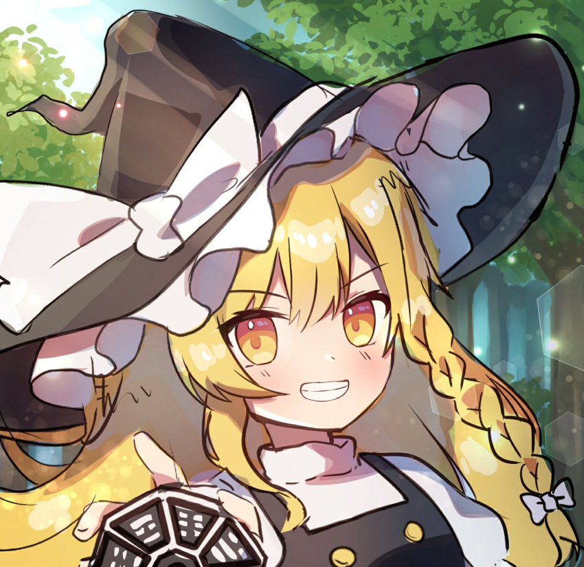 1girl black_headwear black_vest blonde_hair bow braid day frilled_hat frills grin hat hat_bow highres kirisame_marisa long_hair looking_at_viewer mini-hakkero nene_man outdoors puffy_short_sleeves puffy_sleeves shirt short_sleeves side_braid smile solo touhou turtleneck upper_body v-shaped_eyebrows very_long_hair vest white_bow white_shirt yellow_eyes