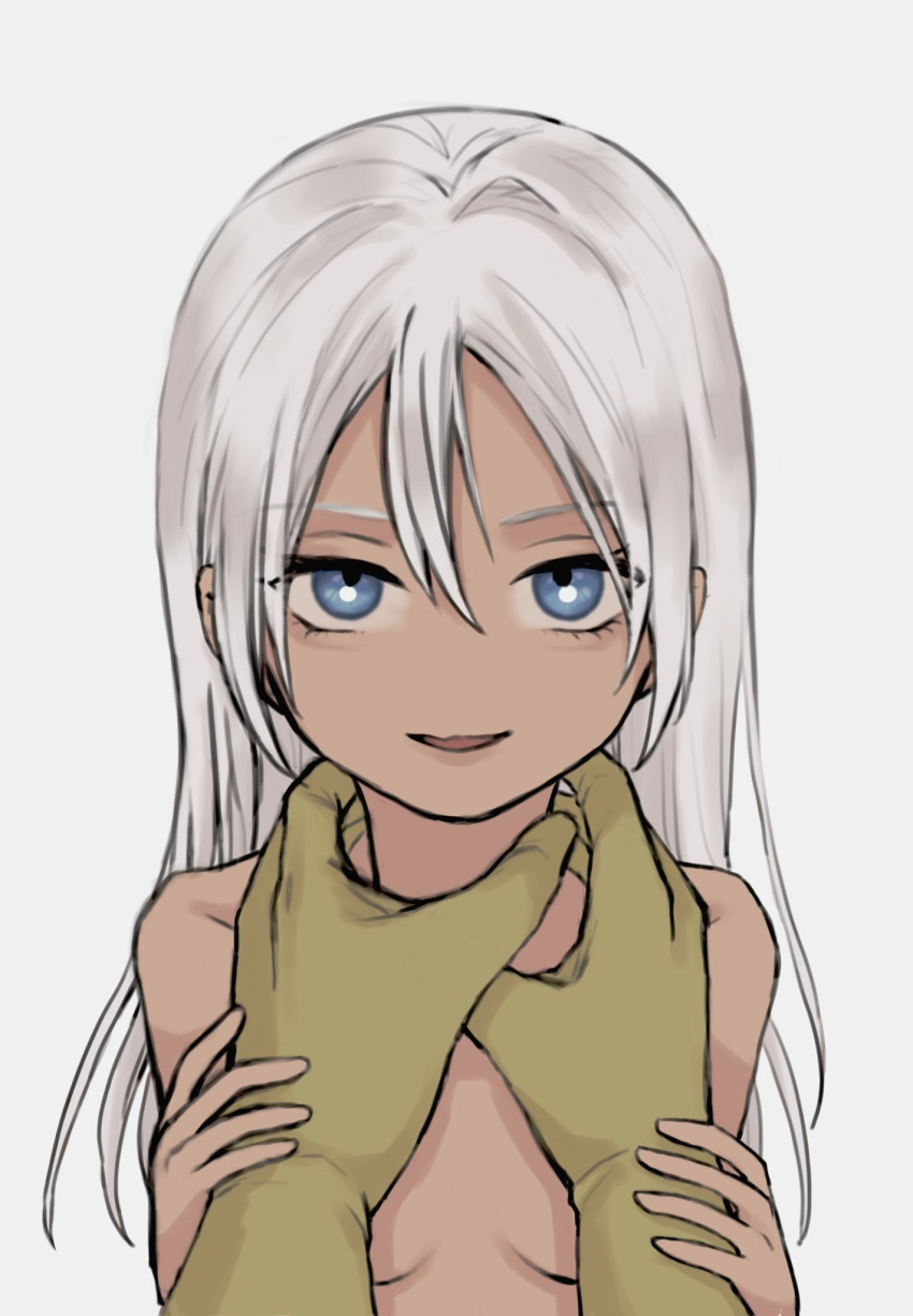 1boy 1girl blue_dragon blue_eyes breasts chamuel_zola dark-skinned_female dark_skin gloves highres logi_(blue_dragon) long_hair looking_at_viewer nude open_mouth pov simple_background smile white_background white_hair zola_(blue_dragon)