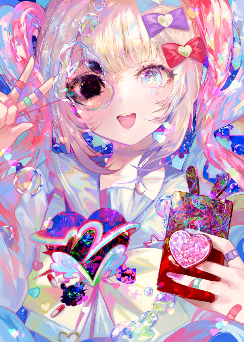 1girl :d absurdres ame-chan_(needy_girl_overdose) bandaid bandaid_on_hand black_eyes blonde_hair blue_background blue_eyes blue_hair blue_shirt blunt_bangs bow cellphone chouzetsusaikawa_tenshi-chan colorful countdown_illustration crying crying_with_eyes_open double_exposure hair_bow hands_up heart highres holding holding_phone holographic_clothing hyatsu long_hair long_sleeves looking_at_viewer multicolored_hair nail_polish needy_girl_overdose official_art open_mouth phone pien_cat_(needy_girl_overdose) pill pink_bow pink_hair pink_nails purple_bow puzzle_piece quad_tails sailor_collar second-party_source shirt smartphone smartphone_case smile soap_bubbles solo tears upper_body w yellow_bow