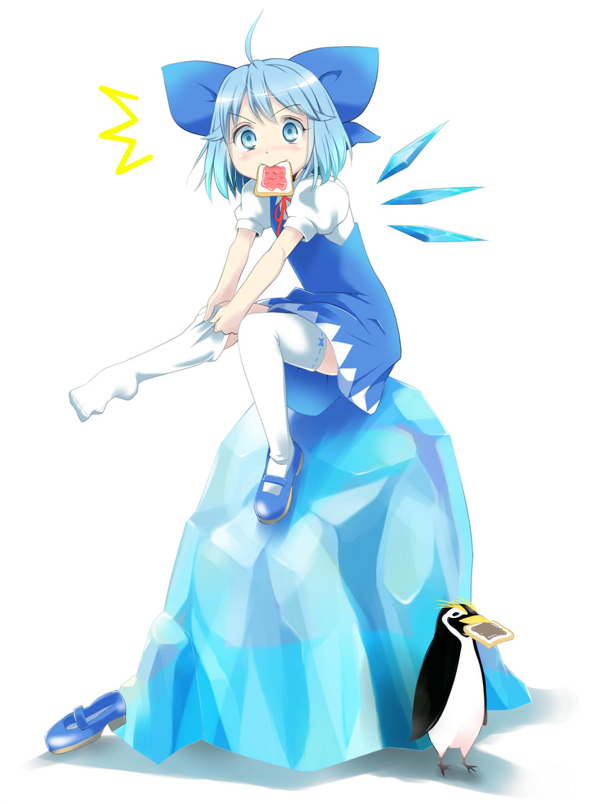 1girl ahoge bird blue_eyes blue_hair blue_skirt bow cirno dressing food food_in_mouth hair_bow highres ice ice_block ice_wings looking_at_viewer mouth_hold penguin puffy_sleeves rockhopper_penguin shirt shoes short_hair short_sleeves simple_background single_shoe sitting sitting_on_object skirt solo surprised thighhighs toast toast_in_mouth touhou uta_(kuroneko) white_background white_legwear wings zettai_ryouiki