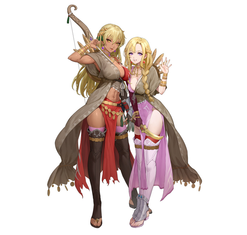 2girls abs absurdres blonde_hair blue_eyes bow_(weapon) breasts brown_thighhighs cleavage commentary_request dark-skinned_female dark_skin earrings ekao fire_emblem fire_emblem:_the_binding_blade fire_emblem:_the_blazing_blade fire_emblem_heroes full_body hair_ornament highres igrene_(fire_emblem) igrene_(sworn_protector)_(fire_emblem) jewelry large_breasts lipstick long_hair looking_at_viewer louise_(fire_emblem) louise_(sworn_protector)_(fire_emblem) makeup medium_breasts multiple_girls navel necklace official_alternate_costume official_art pelvic_curtain red_lips red_thighhighs smile tachi-e tassel tassel_hair_ornament thighhighs waving weapon