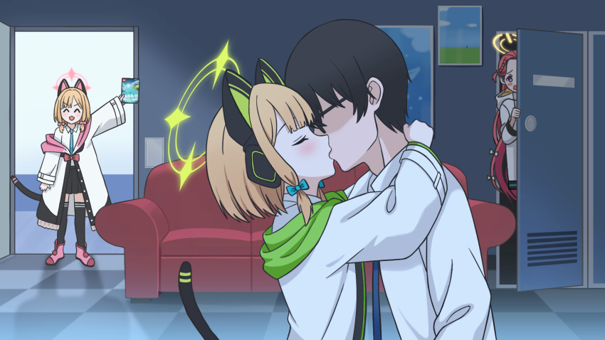 1boy 3girls ^_^ animal_ear_headphones animal_ears arm_up black_skirt black_thighhighs blonde_hair blue_archive blue_necktie blunt_bangs bow bruce8763 cat_ear_headphones cat_tail checkered_floor closed_eyes coat collared_shirt commentary_request couch fake_animal_ears fake_tail forehead french_kiss glasses hair_bow hair_ribbon halo headphones height_difference highres holding_case hug indoors kiss locker long_hair long_sleeves looking_at_another midori_(blue_archive) momoi_(blue_archive) multiple_girls necktie netorare open_clothes open_coat open_door parted_bangs peeking_out pleated_skirt poster_(object) purple_eyes red_hair ribbon school_uniform sensei_(blue_archive) shirt short_hair siblings sidelocks skirt tail thighhighs tress twins v-shaped_eyebrows white_coat white_shirt yuzu_(blue_archive) zettai_ryouiki
