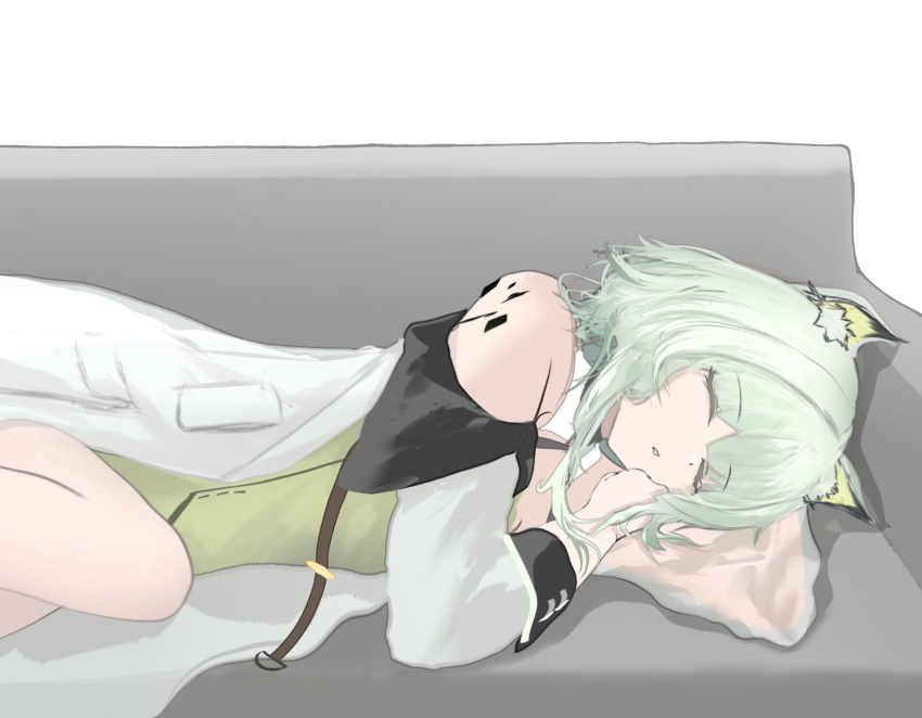 1girl animal_ear_fluff animal_ears arknights bare_shoulders closed_eyes couch dress feet_out_of_frame green_dress green_hair highres jacket kal'tsit_(arknights) lying mebe_(teadia_violet) off-shoulder_jacket off_shoulder on_couch on_side parted_lips pillow simple_background solo white_background white_jacket