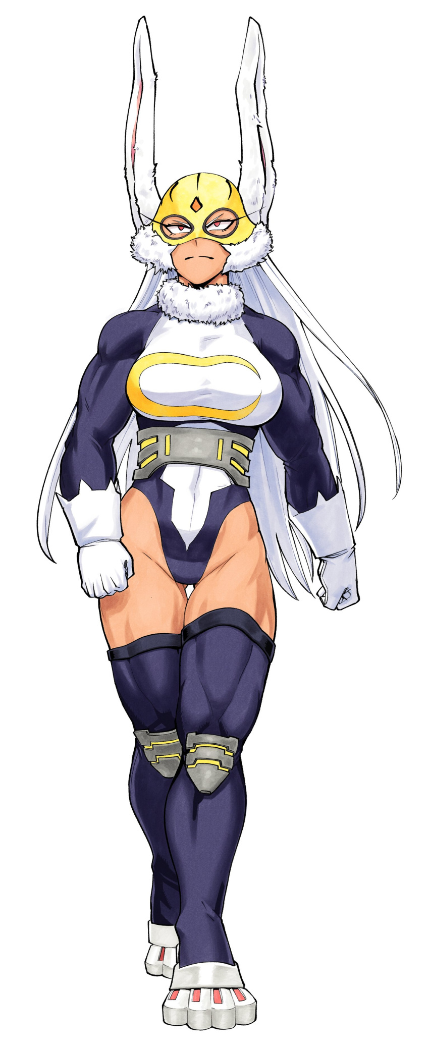 1girl absurdres alternate_costume animal_ears ass_visible_through_thighs boku_no_hero_academia breasts clenched_hands commission crescent_print dark-skinned_female dark_skin frown full_body fur_collar gloves gutsbro highleg highleg_leotard highres large_breasts leotard long_hair mirko muscular muscular_female purple_thighhighs rabbit_ears rabbit_girl red_eyes solo thigh_gap thighhighs thighs two-tone_leotard very_long_hair white_background white_gloves white_hair white_leotard yellow_mask