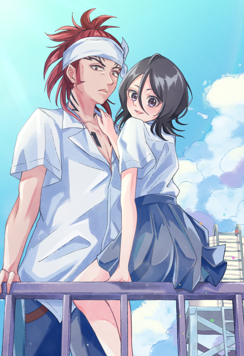 1boy 1girl abarai_renji absurdres black_hair bleach blue_pants blue_skirt blue_sky cloud cloudy_sky hair_between_eyes headband highres kuchiki_rukia looking_at_viewer looking_back on_railing open_mouth pants pleated_skirt purple_eyes railing red_hair rinner373 school_uniform shirt short_sleeves sitting skirt sky white_headband white_shirt