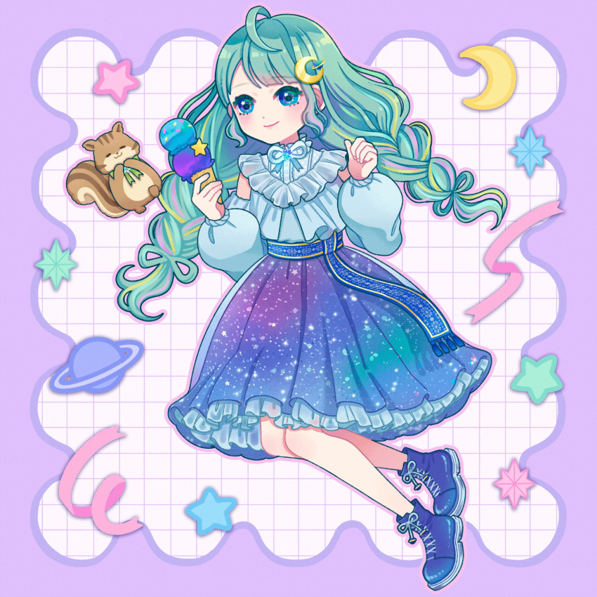 1girl absurdres ahoge aqua_hair blue_eyes blue_footwear blue_skirt braid clothing_cutout commission crescent crescent_hair_ornament food frilled_skirt frills full_body gradient_skirt green_hair hair_ornament highres holding holding_food holding_ice_cream ice_cream indie_virtual_youtuber long_hair pinkmm purple_skirt shoulder_cutout skeb_commission skirt solo squirrel star_(symbol) twin_braids virtual_youtuber yushiro_mari