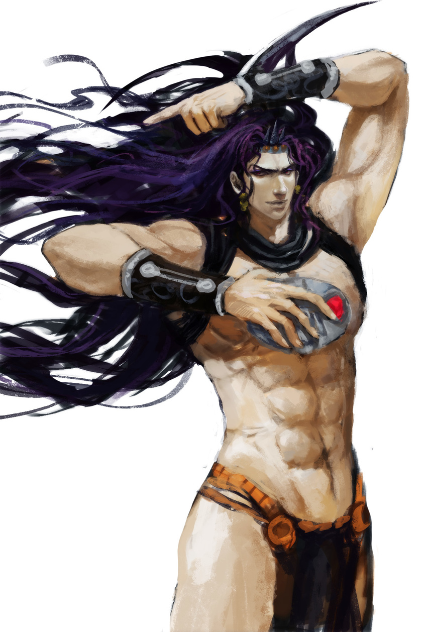 arm_blade freer highres horns jojo_no_kimyou_na_bouken kars_(jojo) loincloth long_hair male_focus muscle purple_hair solo stone_mask_(jojo) weapon