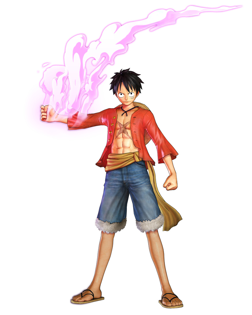 1boy 3d absurdres black_hair denim denim_shorts fighting_stance full_body hat highres male male_focus monkey_d_luffy oda_eiichirou official_art one_piece one_piece:_pirate_warriors open_clothes open_shirt red_shirt sandals scar shirt shorts simple_background solo stampede_string straw_hat white_background