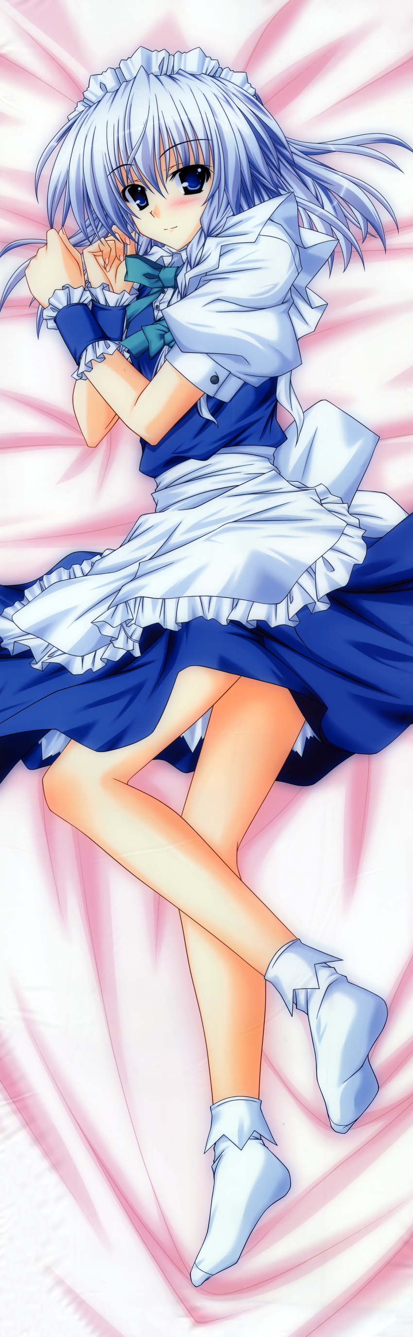 1girl absurdres aoi_hiro blue_eyes blue_hair dakimakura feet female fixed highres izayoi_sakuya legs long_image lying maid maid_headdress no_shoes possible_duplicate socks solo tall_image touhou wrist_cuffs