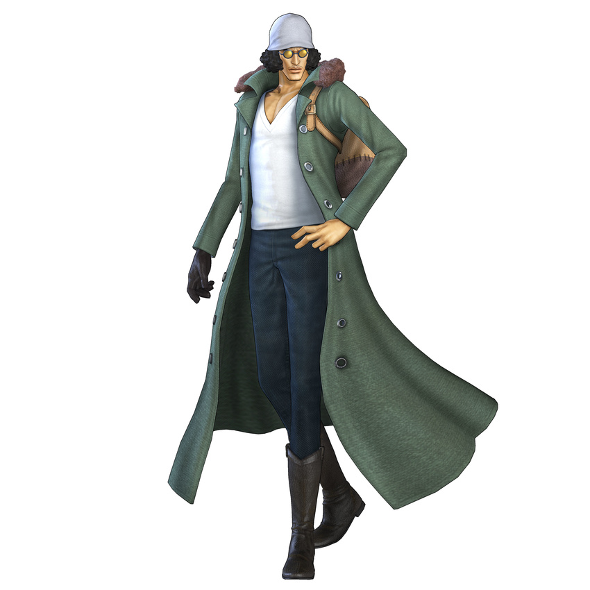 1:1 1boy 3d absurdres amputee backpack bag black_hair boots full_body gloves hand_on_hip hat highres jacket kuzan_(aokiji) long_coat male male_focus official_art one_piece one_piece:_pirate_warriors short_hair simple_background single_glove solo sunglasses v-neck white_background