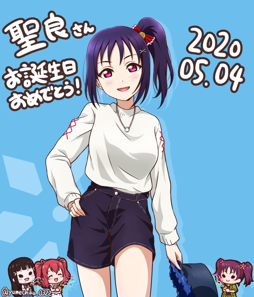 2020 4girls :d black_shorts blue_background blush bow dated hair_bow hand_on_own_hip happy_birthday high_side_ponytail highres kazuno_leah kazuno_sarah kurosawa_dia kurosawa_ruby long_hair long_sleeves looking_at_viewer love_live! love_live!_sunshine!! multiple_girls purple_hair red_bow red_eyes shorts smile solo_focus sweater thigh_gap twitter_username white_sweater yumechiku