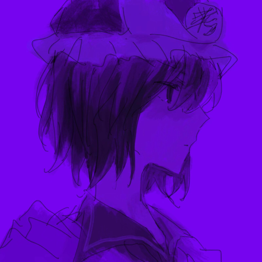 1other androgynous closed_mouth collared_shirt expressionless frilled_hat frills fuluola_xiaoyao hat highres len'en monochrome other_focus profile purple_background purple_theme shirt shitodo_kuroji short_hair simple_background sketch solo
