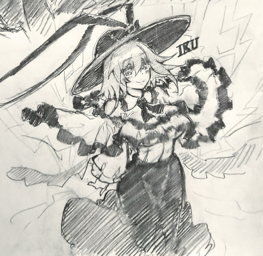 1girl bow capelet carbohydrate_(asta4282) character_name closed_mouth commentary_request frilled_capelet frills greyscale hat hat_bow highres lightning long_sleeves looking_at_viewer monochrome nagae_iku short_hair sketch skirt smile solo touhou traditional_media