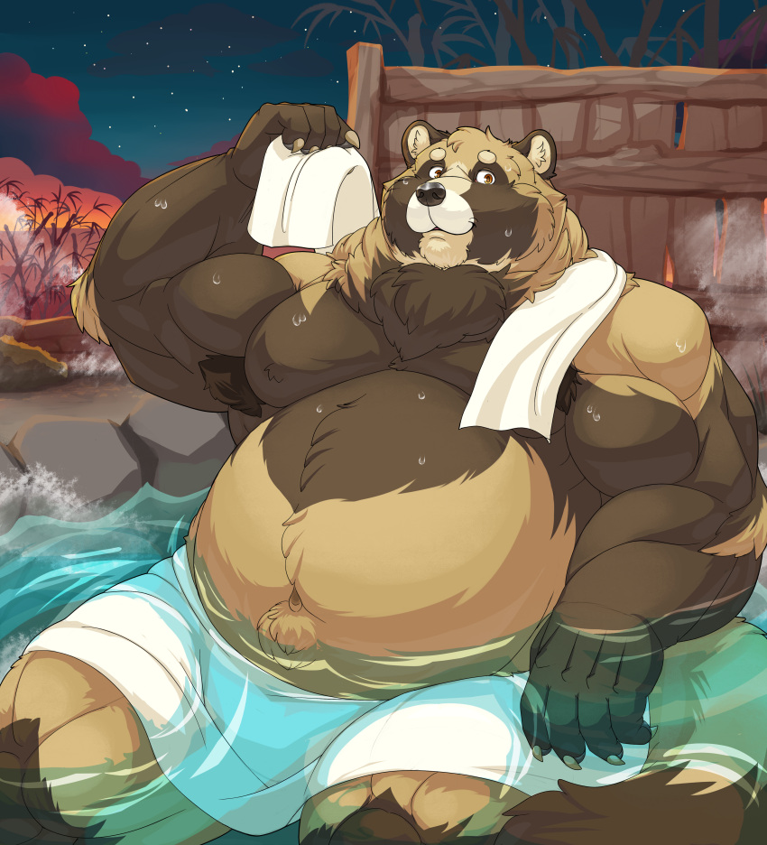 2024 absurd_res anthro bathing belly black_nose brown_body brown_fur canid canine cinna-tree detailed_background fur hi_res humanoid_hands male mammal musclegut outside overweight overweight_male raccoon_dog sitting solo tanuki towel water