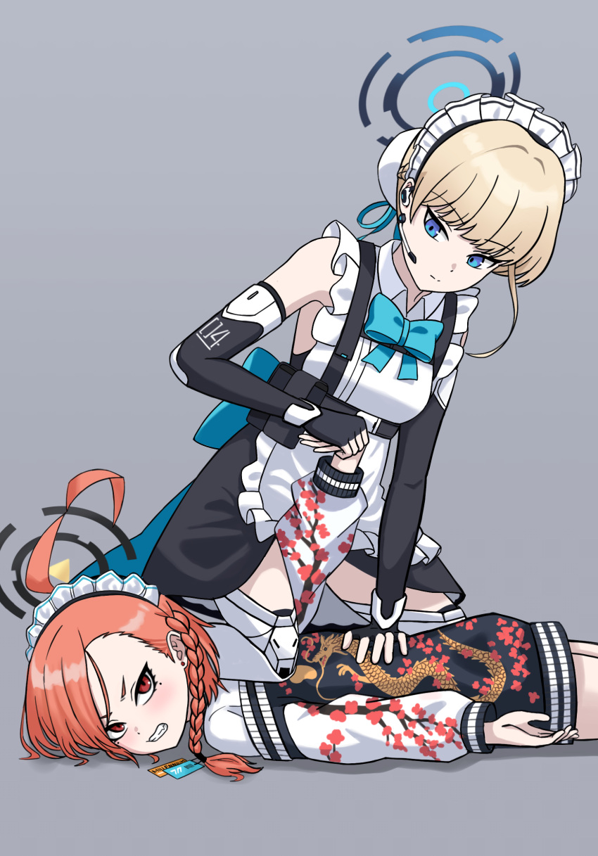 2girls ahoge apron armpits black_gloves blue_archive blue_eyes braid bruce8763 bun_cover cleaning_&amp;_clearing_(blue_archive) clenched_teeth commentary_request earpiece elbow_gloves fingerless_gloves french_braid frilled_apron frills gloves hair_between_eyes halo highres jacket light_brown_hair locked_arms long_hair long_sleeves looking_at_another lying maid maid_apron maid_headdress medium_hair mole mole_under_eye multicolored_clothes multicolored_jacket multiple_girls neru_(blue_archive) on_stomach print_jacket red_eyes red_hair shoulder_strap sidelocks simple_background single_braid single_thighhigh teeth thighhighs toki_(blue_archive) two-tone_jacket v-shaped_eyebrows white_apron