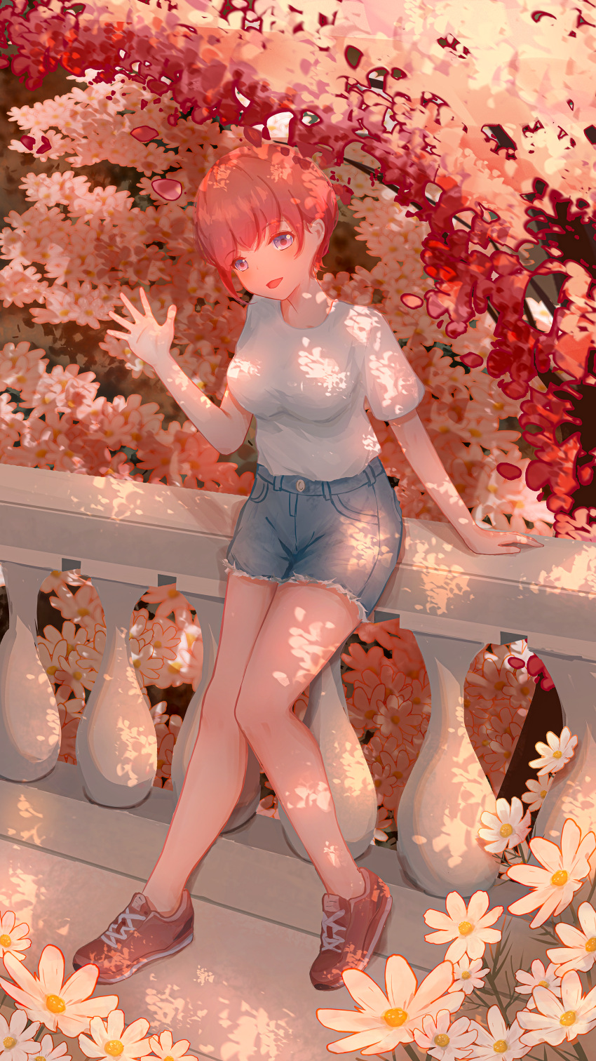 1girl absurdres against_fence arm_support autumn_leaves blue_eyes breasts chamomile denim denim_shorts fence flower full_body go-toubun_no_hanayome highres large_breasts looking_at_viewer nakano_ichika open_mouth outdoors pink_hair red_footwear shirt shoes short_hair shorts sneakers solo standing thighs waving white_shirt