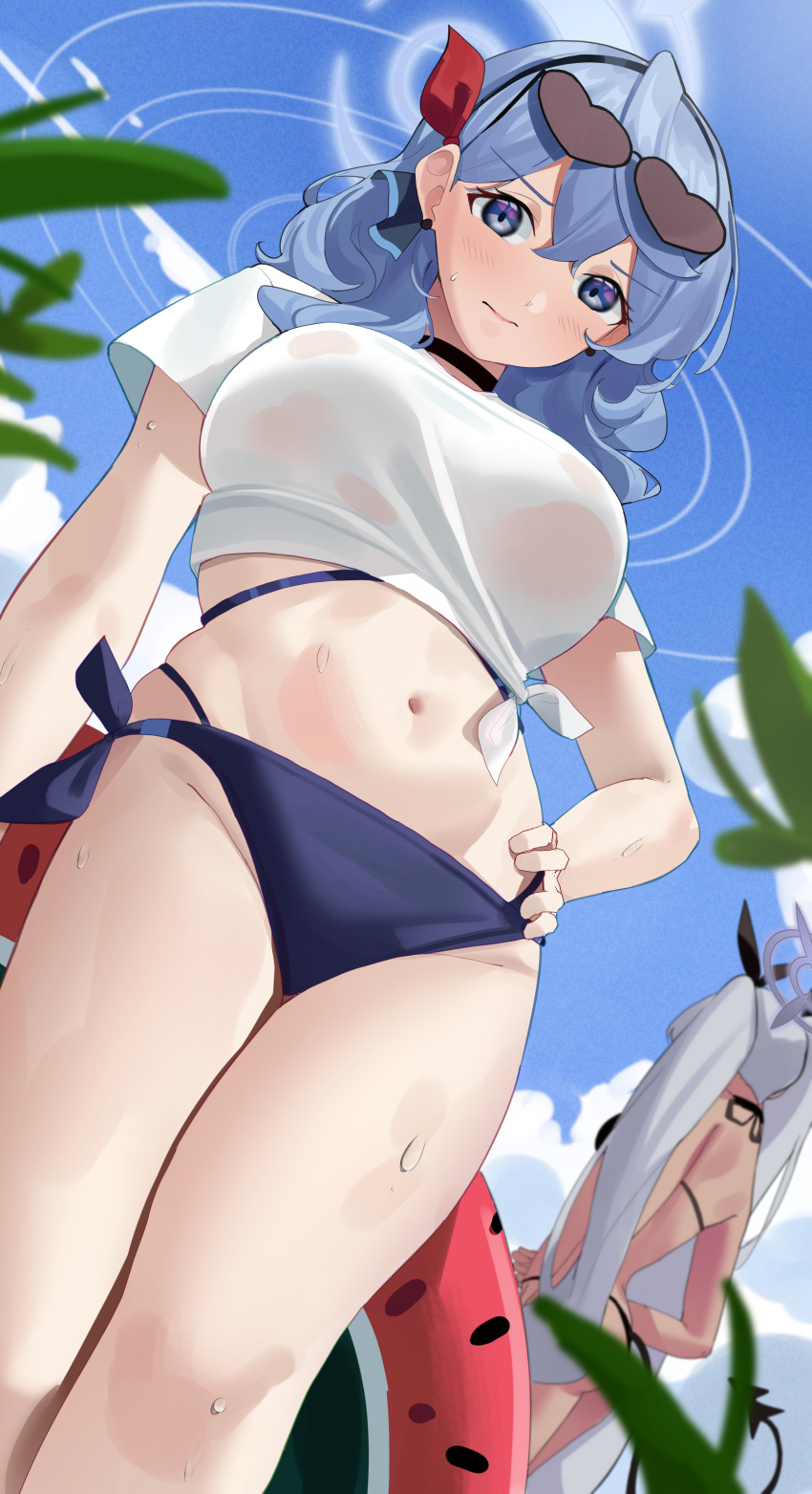 2girls absurdres ako_(blue_archive) ass bikini blue_archive blue_bikini blue_eyes blue_hair blush breasts closed_mouth day foreshortening from_below grey_hair groin haerge hand_on_own_hip highres iori_(blue_archive) iori_(swimsuit)_(blue_archive) large_breasts long_hair multiple_girls navel official_alternate_costume outdoors shirt short_sleeves small_breasts swimsuit twintails white_shirt