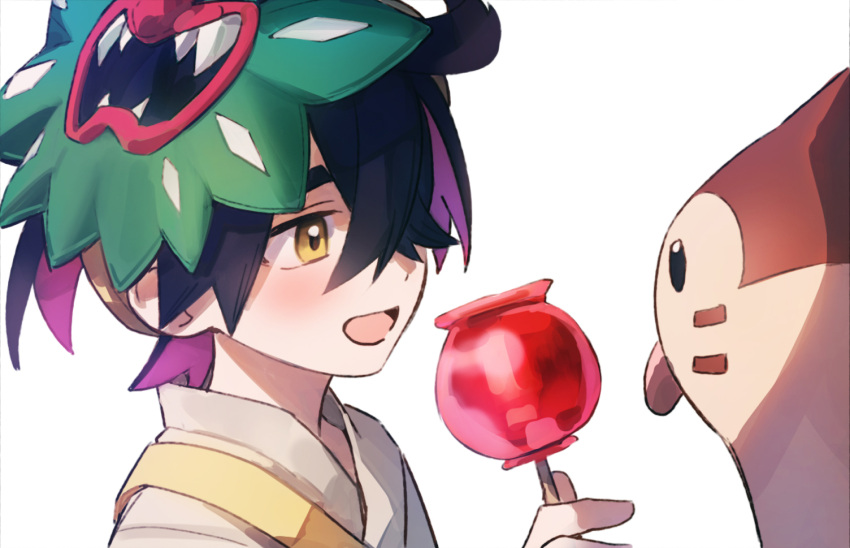 1boy :d black_hair blush candy_apple colored_inner_hair commentary_request crossed_bangs food furret holding kieran_(pokemon) korean_commentary male_focus mask mask_on_head multicolored_hair open_mouth pokemon pokemon_(creature) pokemon_sv poor_trainer shirt simple_background smile strap tongue tongue_out white_background yellow_eyes