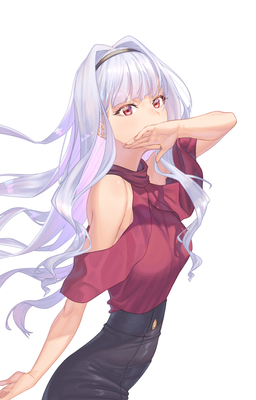 1girl absurdres bare_shoulders black_hairband black_skirt breasts covering_own_mouth grey_hair hairband high-waist_skirt highres idolmaster long_hair looking_at_viewer medium_breasts narrow_waist off-shoulder_shirt off_shoulder pencil_skirt red_eyes red_shirt shijou_takane shirt simple_background skimun skirt solo taut_clothes taut_shirt very_long_hair white_background