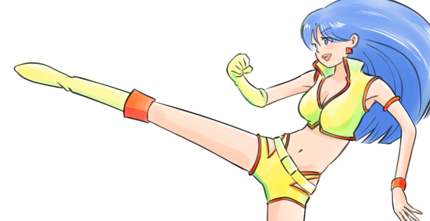 1girl armlet bare_shoulders blue_eyes blue_hair boots bracelet breasts cleavage clenched_hand crop_top dirty_pair earrings elbow_gloves fighting_stance flexing gloves halhal360 jewelry knee_boots long_hair looking_to_the_side midriff navel open_mouth shorts simple_background single_elbow_glove solo standing standing_on_one_leg tank_top teeth upper_teeth_only white_background yellow_footwear yellow_gloves yellow_shorts yellow_tank_top yuri_(dirty_pair)